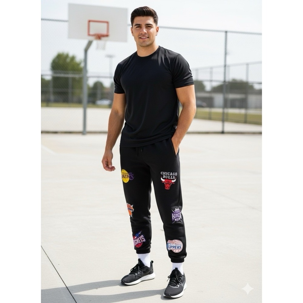 UNK NBA All Team Logo Joggers Mens Black Embroidered Patch Sweatpants Multi-Team